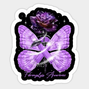 Butterfly Fibromyalgia Ribbon Awareness Rose Sticker